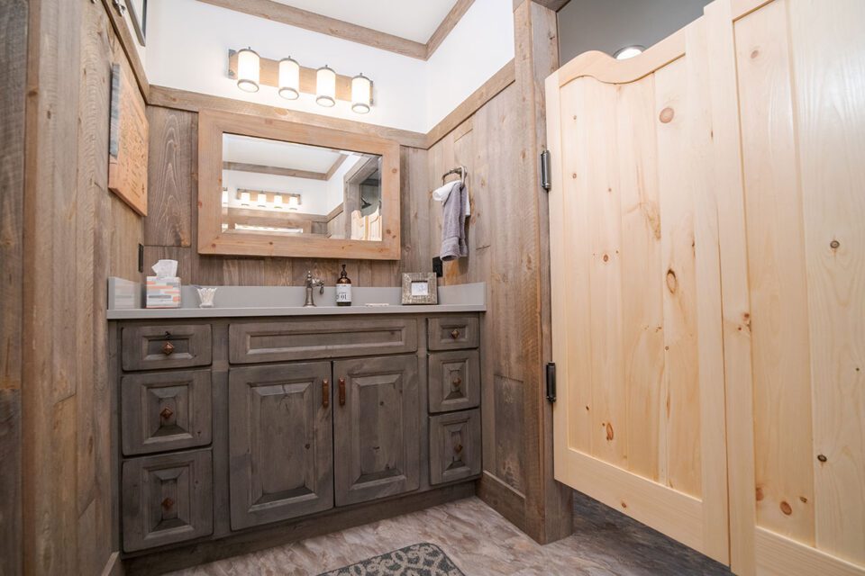 Barnwood Master Bathroom with Wood Café Doors
