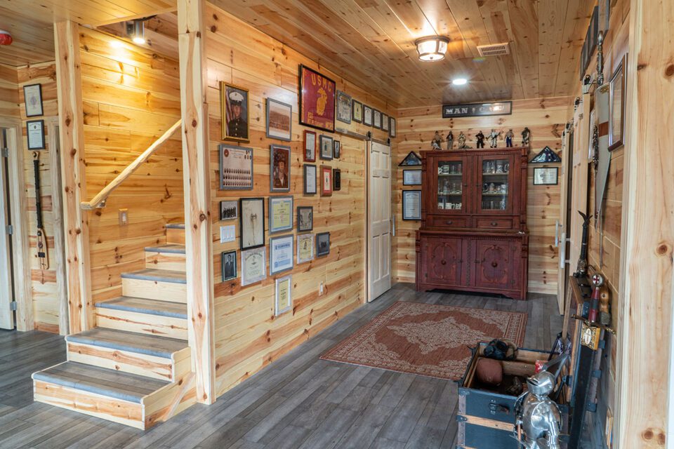 Basement decked out with WoodHaven knotty pine paneling.