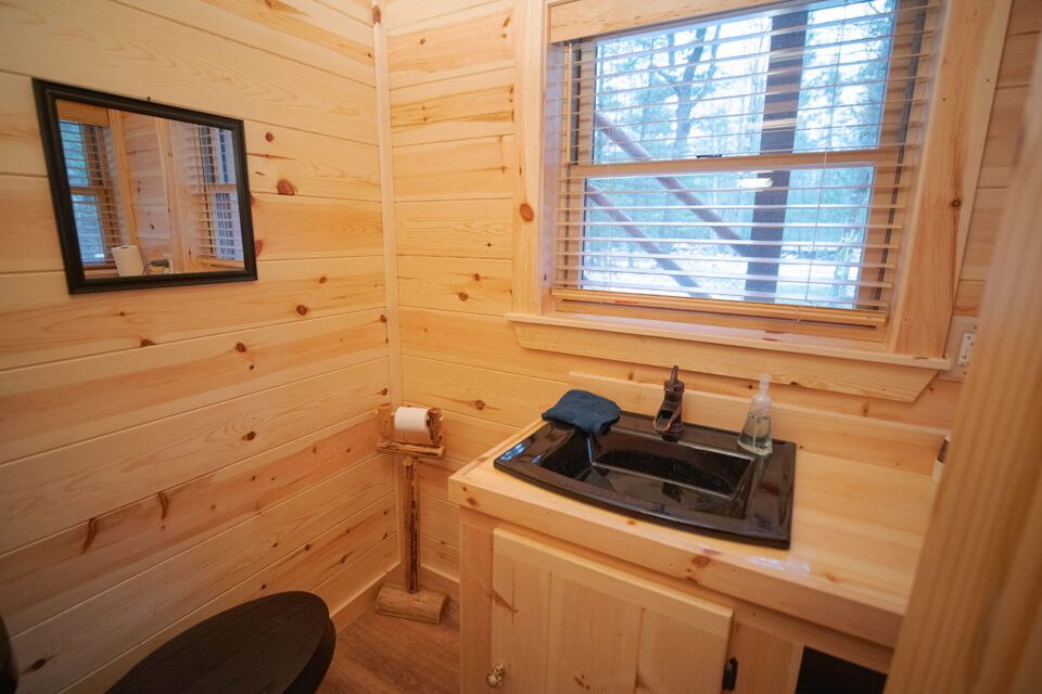 Bathroom with knotty pine paneling