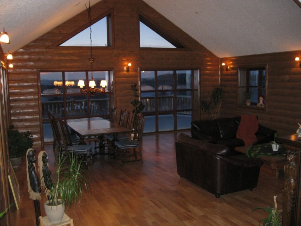 Half log siding creates a cozy feel and rich look