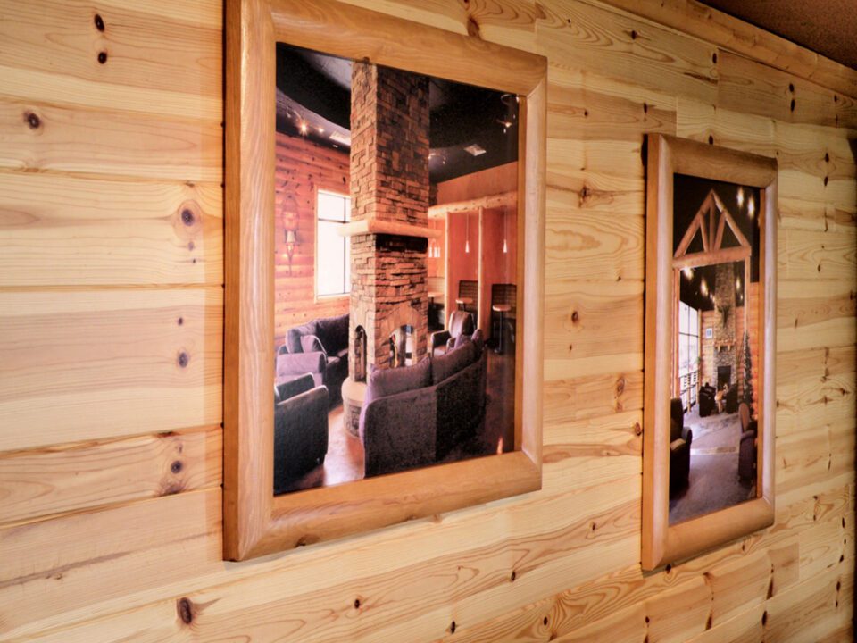 Commercial building with knotty pine paneling
